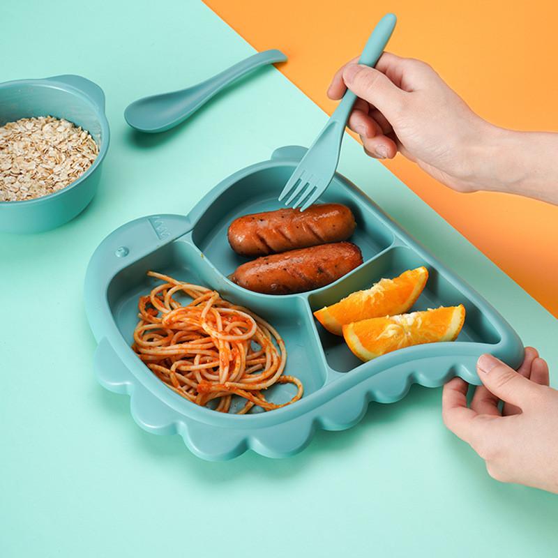 Cartoon Dinosaur Three Compartments Dinner Plate Spoon Fork Bowl Cutlery Set For Kids