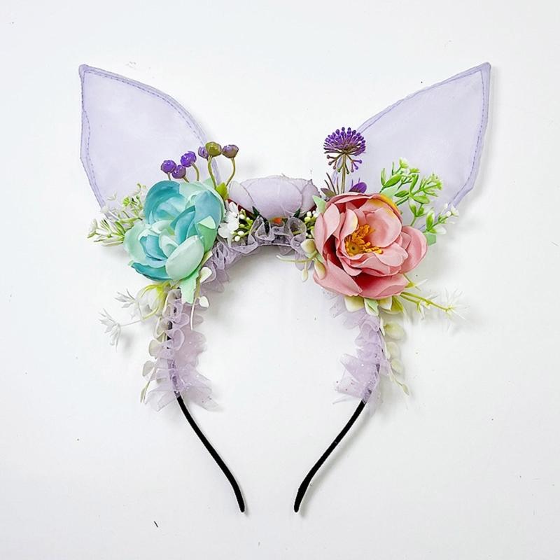 Large Bunnies Ears Hair Hoop Polychrome Flower Hairband Female Anime Headbands for Kids and Teens
