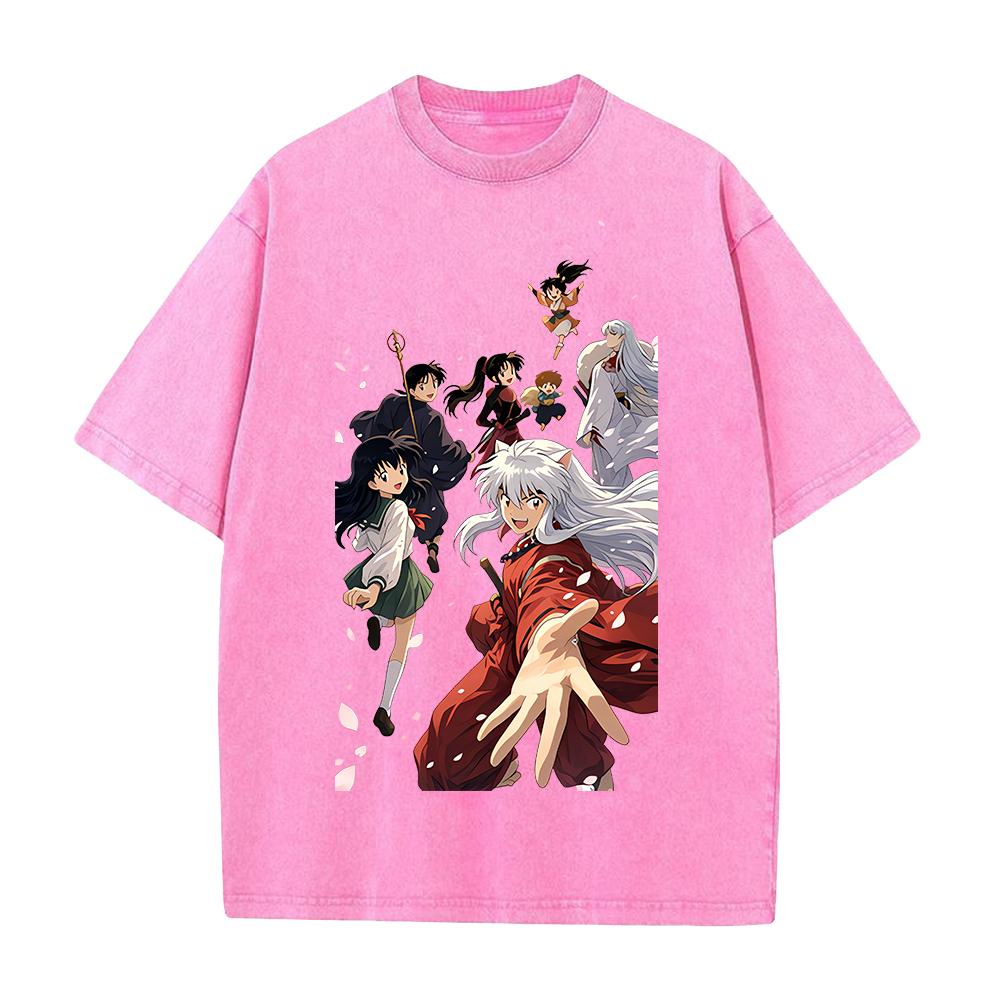 Kagome Miroku Sesshoumaru Print T-shirt Anime Inuyasha Clothing Men Women Cotton Tshirts Retro Washed T Shirt Harajuku Male Tops