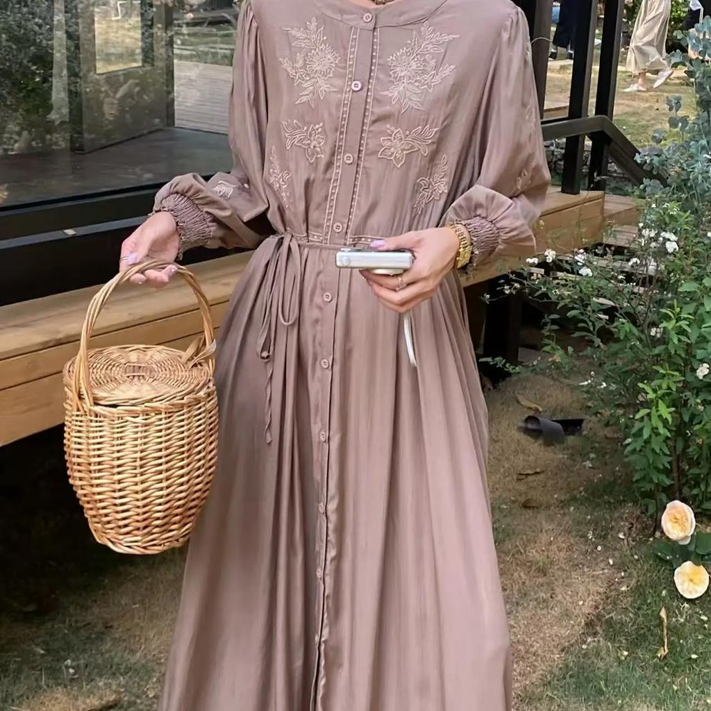 Spring Autumn Dress Women Floral Embroidery Fashion Ruffle Pleated Ladies Dresses Long Sleeve Loose Woman Dress