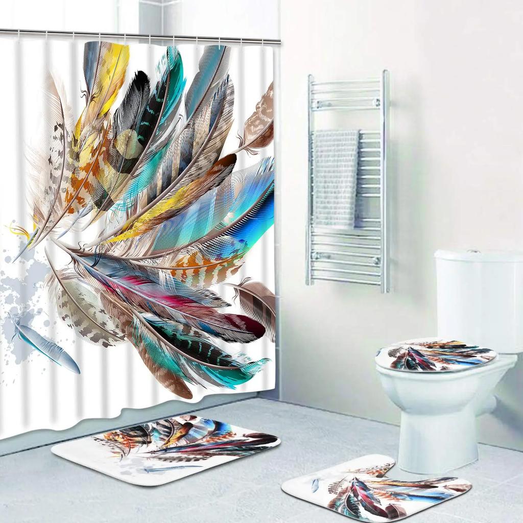 Watercolor Peacock Feather Shower Curtain Set With Rugs Toilet Lid Cover Carpet Bath Mat Bathroom Shower Curtains Set Home Decor