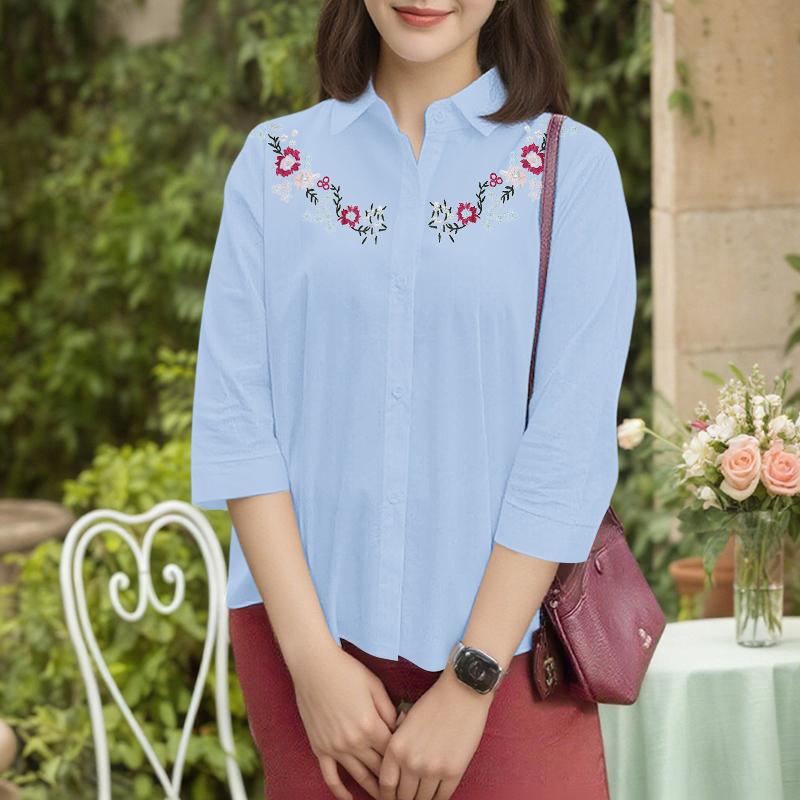 ZANZEA Dame Casual Nedslått Krage 3/4 Erme Blomsterbroderi Bluse