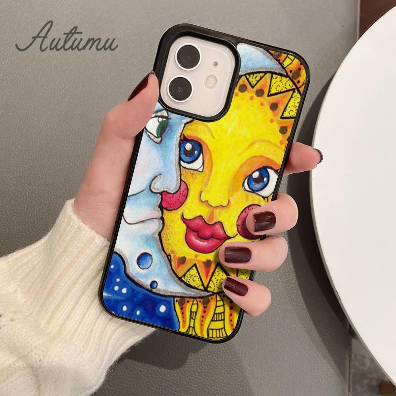 Blue Sun and Moon Phone Case for iPhone 11 12 13 14 Pro Max Mini X XR XS SE 2020 6S 7 8 Plus Samsung Galaxy S21 S22 Cover Shell