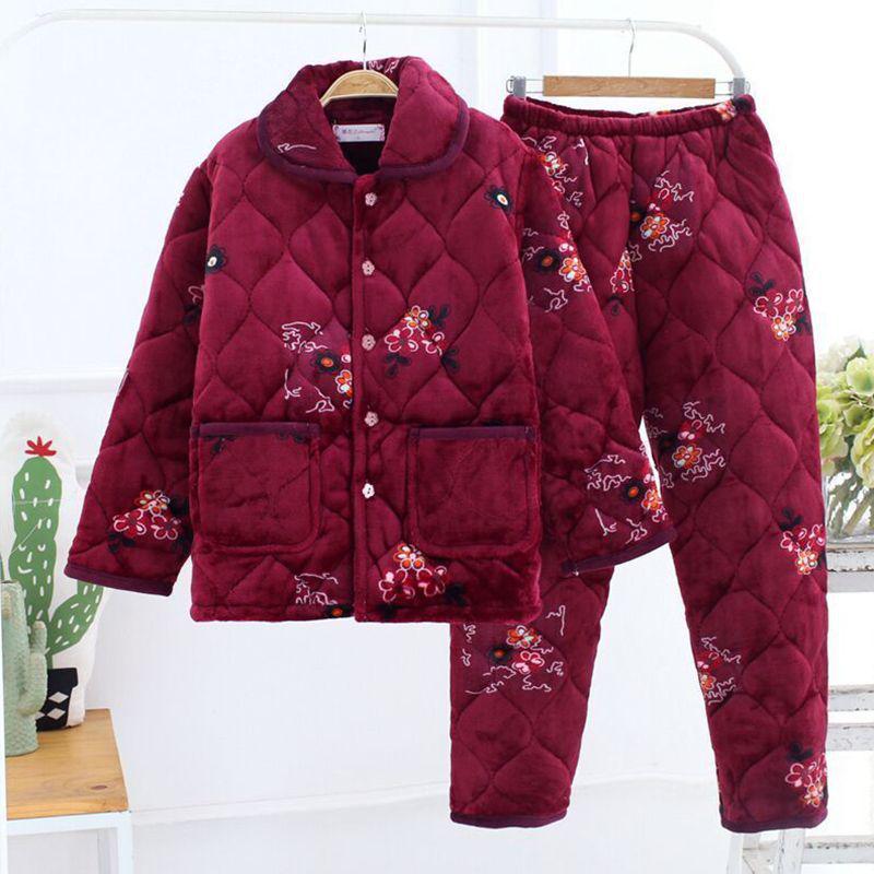 Three-Layer Fleece-Lined Quilted Winter Pajama Set for Elderly Women - Warm Coral Fleece Home Wear & Outerwear