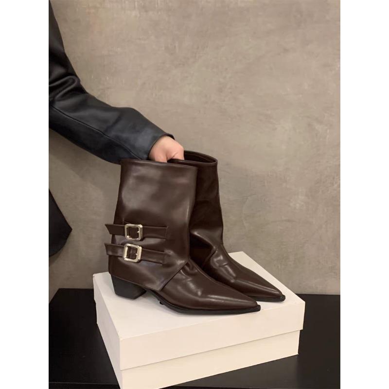 

Остроносые коричневые туфли на высоком каблуке, женские ботильоны, новые весенне-осенние одинарные ботинки, ретро с пряжкой на ремне, средней высоты, ботинки-трубы для брюк 40 коричневый