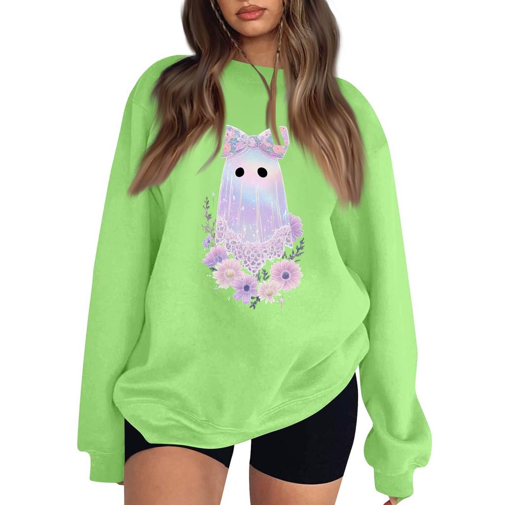 Women's Neck Long Sleeve Loose Fit Casual Sweatshirt Pullover Top with Halloween Print
