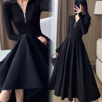 Soft Style Waist-Cinching Slimming Long Sleeve Dress Women's Autumn Winter Elegant Zipper Underskirt French High-End Flared Skirt