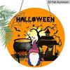 2D Flat Aluminum Decorative Plaques and Ornaments Sign, Halloween Hanging Plaque with Witch Gnome, Haunted House, Cauldron, Pumpkin and Bat Design
