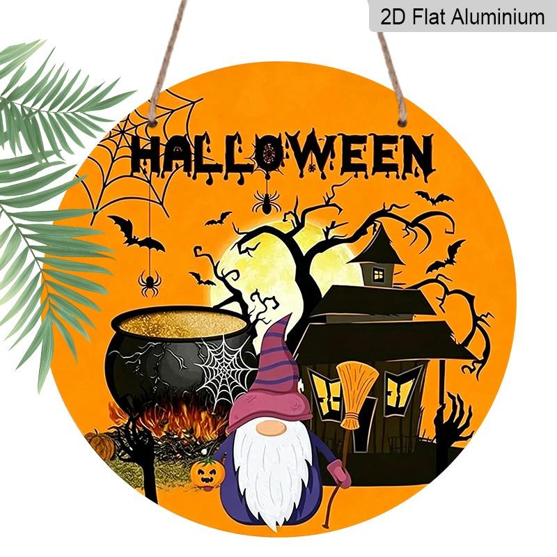 2D Flat Aluminum Decorative Plaques and Ornaments Sign, Halloween Hanging Plaque with Witch Gnome, Haunted House, Cauldron, Pumpkin and Bat Design