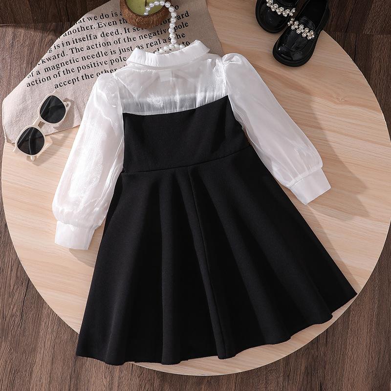 Girls Dress Autumn New Korean Version Children Sweet Cute Style Bow Mesh Long Sleeve Princess Dress
