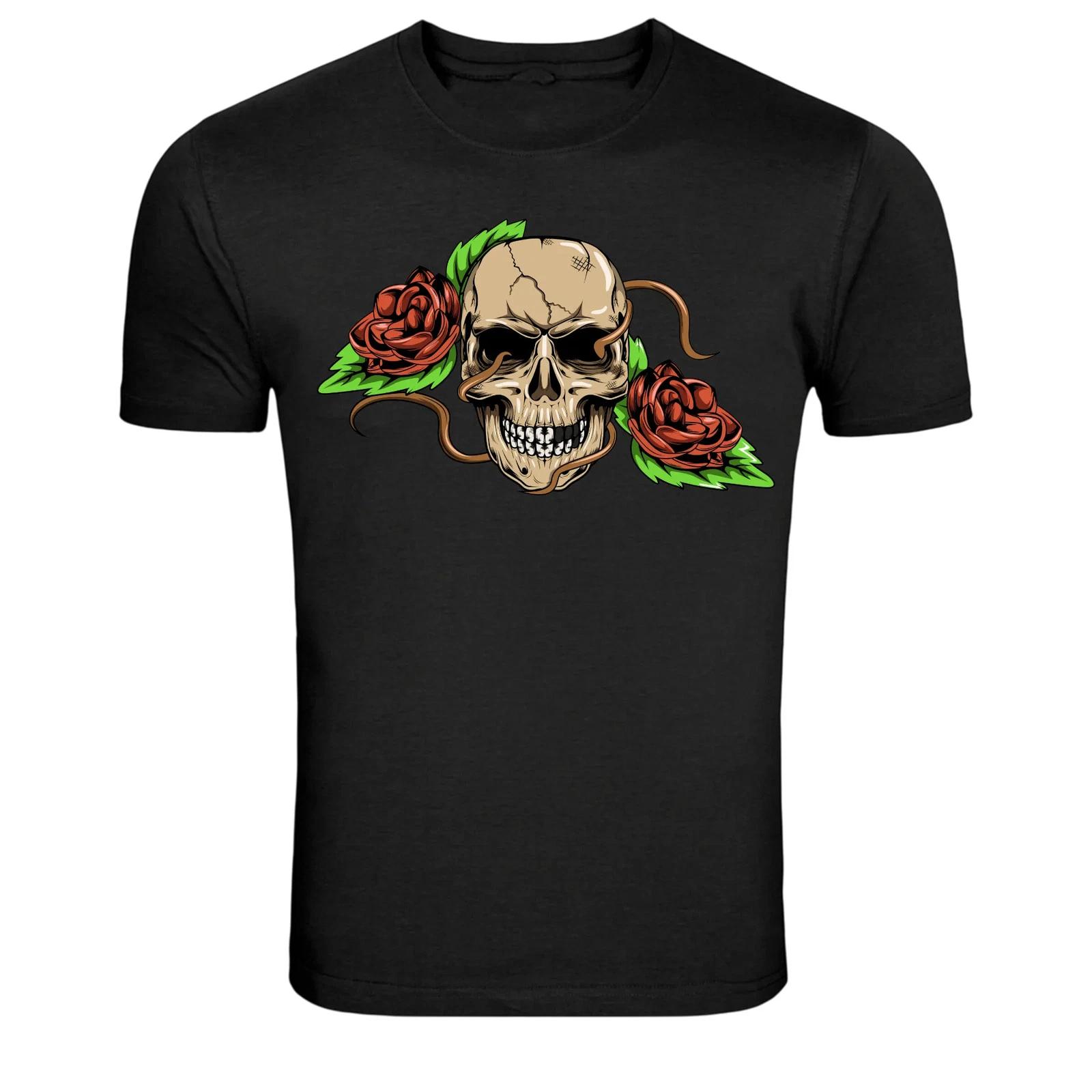 Skull With Red Roses Dark Gothic Graphic T-Shirt S