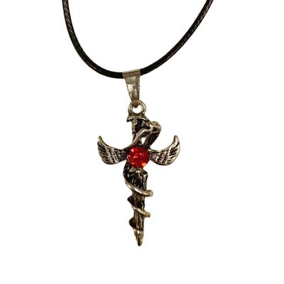 [R8085] - Gothic Necklace 'Caduceus' Red Silver - 33x22 Mm