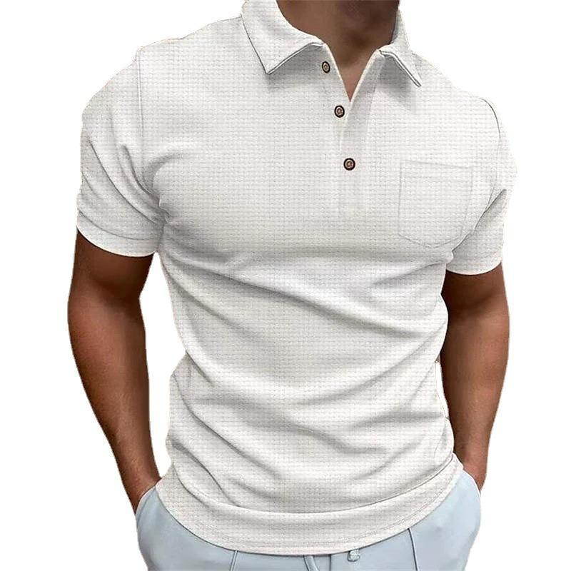 Mens Casual Solid Color Waffle Knit Short Sleeve Polo Shirt S
