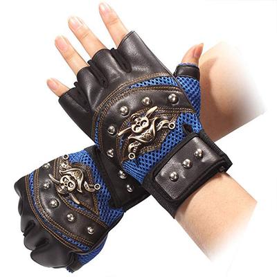 1 Pair Artificial Leather Rivets Pirate Skeleton Gloves Punk Half Finger Gloves Men" S Gloves for