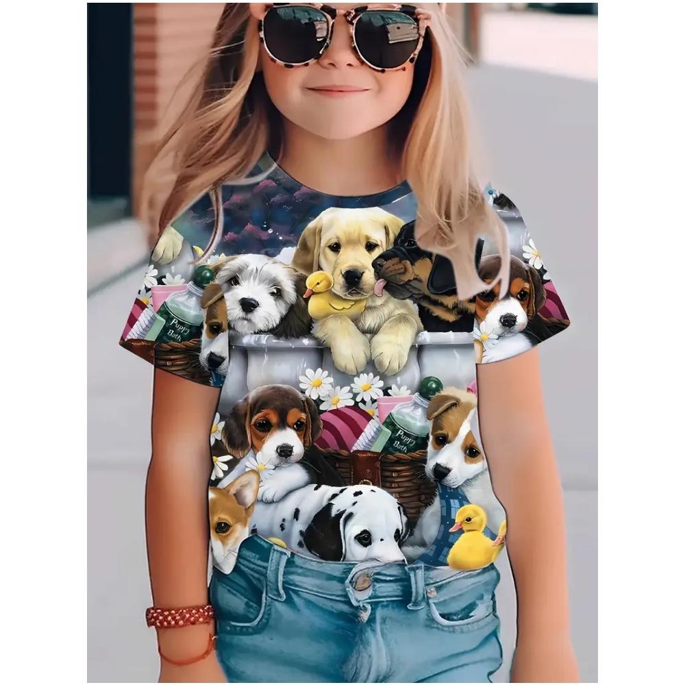 T-Shirt for Girls 3D Print Cute Dog Graphic T Shirts Summer Short Sleeves Casual Fashions Crew Neck Short Sleeves Children's Clo