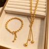 Gold Cat's Eye Tassel Necklace & Bracelet Set for Women