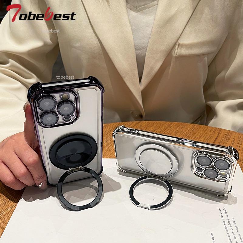 360 Degree Rotating Magnetic Bracket Shockproof Plating Case For iPhone 16 16E 15 14 Plus 13 12 11 Pro Max Silicone Cover