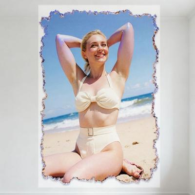 Sexy Blonde Woman Beach Scene Tin Sign - White Bikini with Bow, High-Waisted Bottoms, Pink Flip-Flops, Blue Sky Ocean Waves Deco