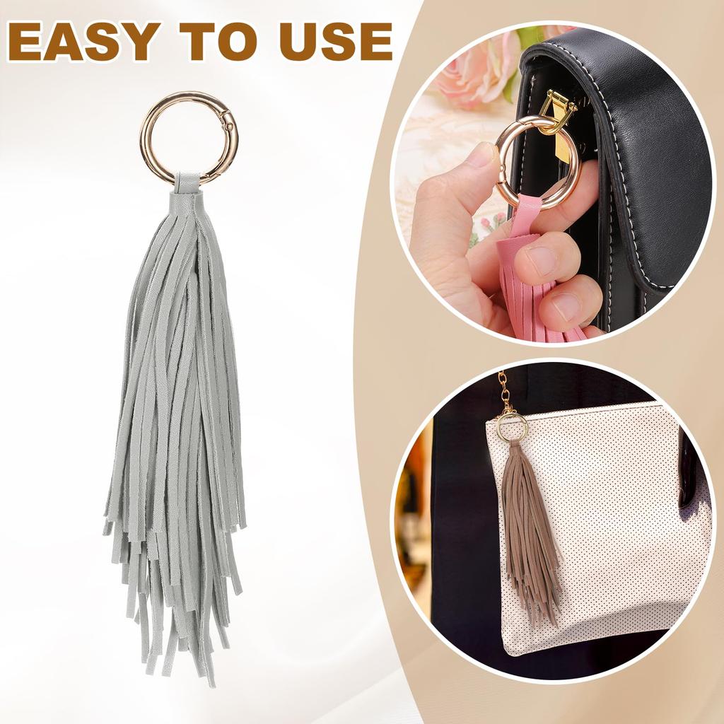 uxcell 8.3" Leather Tassel Keychain with Round Ring, Wallet Decoration, Car Key Ring, Purse Accessory, Bag Decoration, Handbag Buckle, Gray