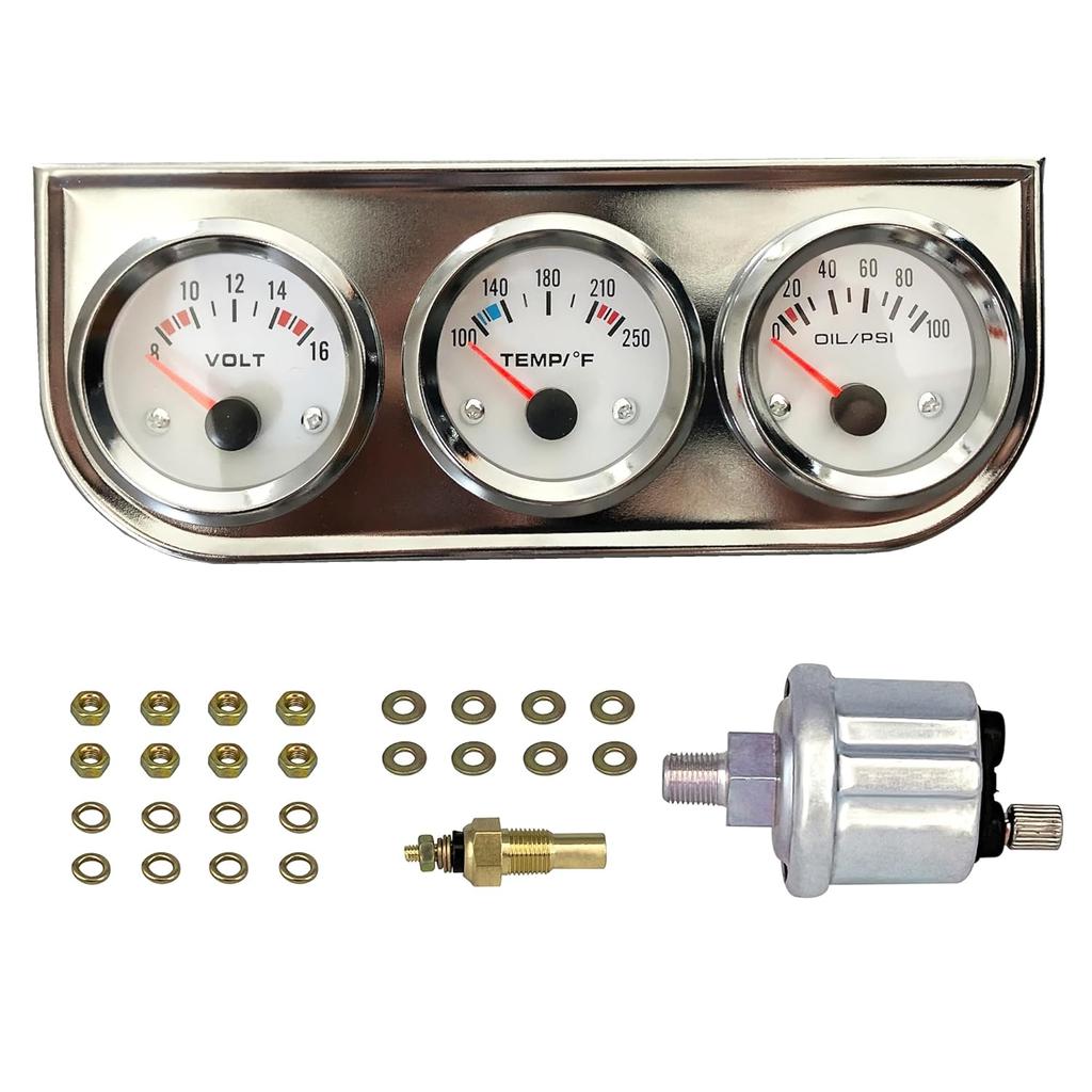 Chrome 3 in1 Triple Auto Gauge Meter Kit 52mm (8-16V Volt Meter +100-250℉ Water Temperature Gauge+ 0-100 psi Oil Pressure Meter) with Console for