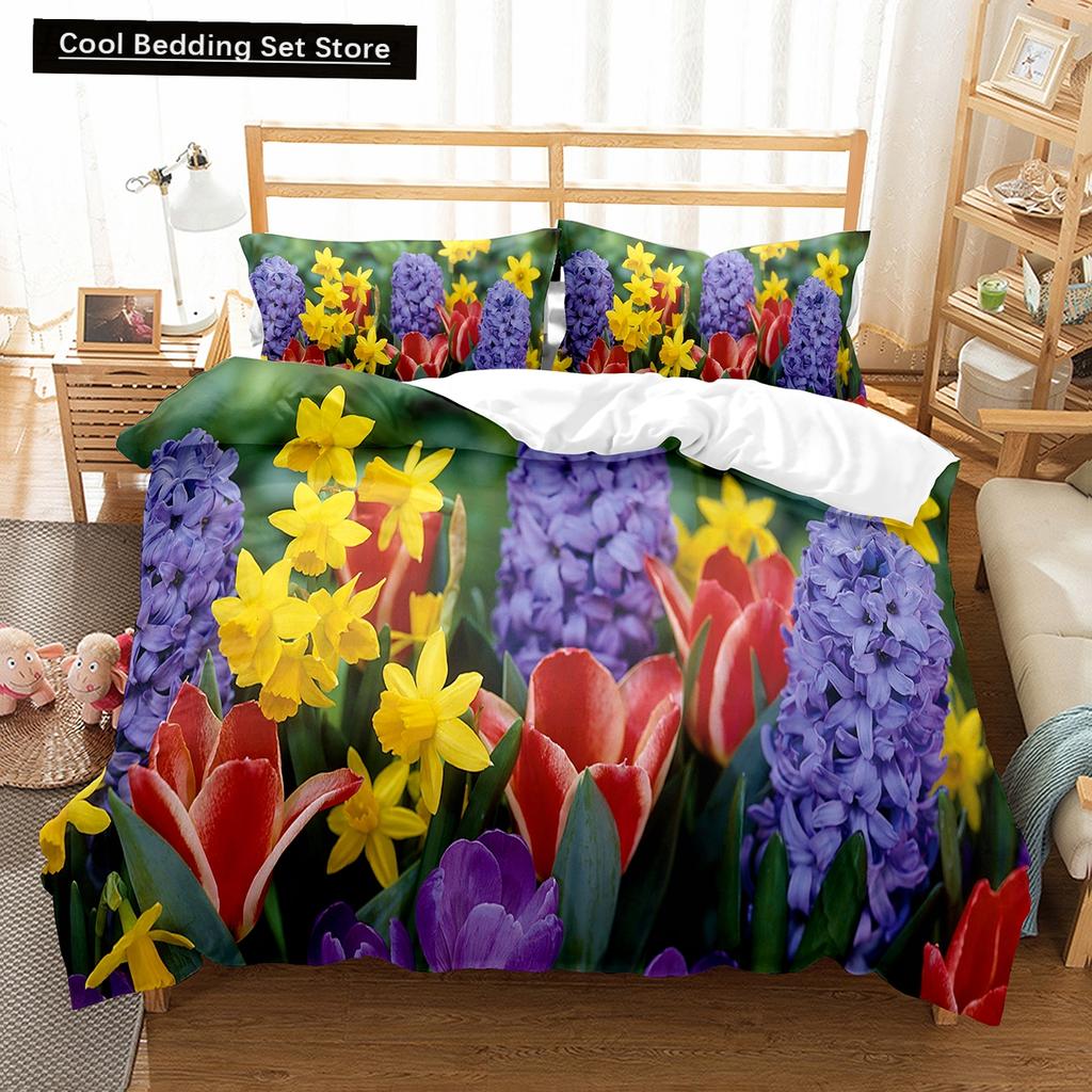 Spring Flowers King Queen Duvet Cover Colorful Floral Bedding Set Cherry Blossoms Quilt Cover 2/3pcs Polyester Comforter Cover