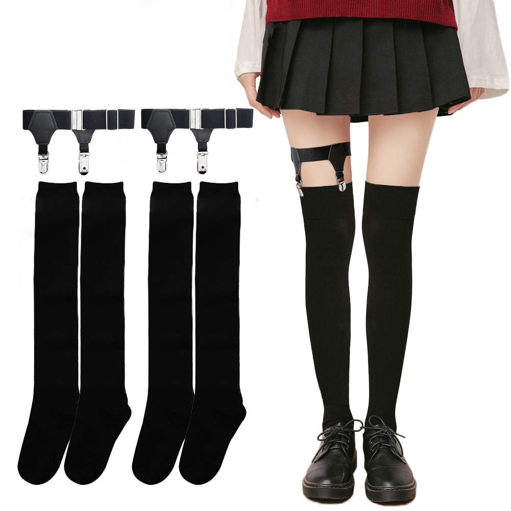 

Женские чулки до бедра Eukkis с подвязками - Набор из 2 пар, Нескользящие хлопковые носки, Панк-стиль, Не сползают, Стройнящие, Эластичные, Удлиняющие ноги, Черные