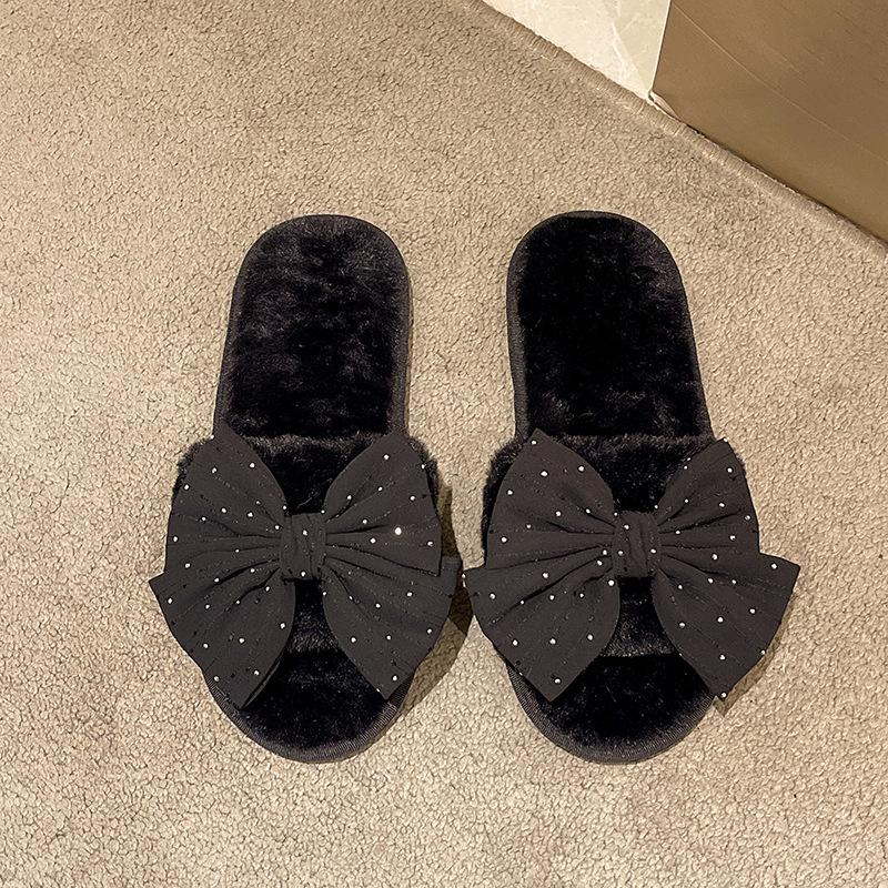 Cotton Household Home Fluffy Warm Ins Slippers Slippers Indoor Plush Open Drag Bow Cotton Slippers