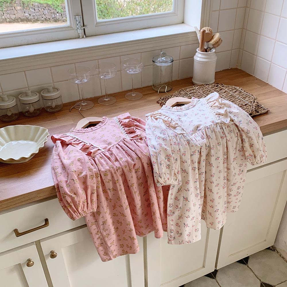 Spring 2026 Korean Style Children's Floral Dress with Stand Collar and Ruffle Lace - Long Sleeve Princess Skirt