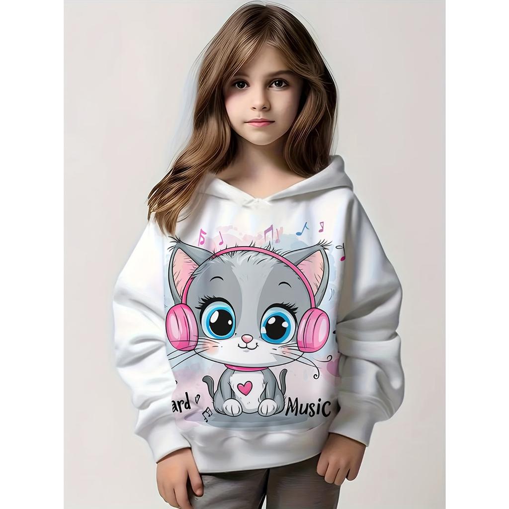 Kids Clothes Girl Hoodies Long Sleeve Cartoon 3D Cat Print Children Spring Fall Clothes Casual Cute Outdoor Girl Clothes Tops