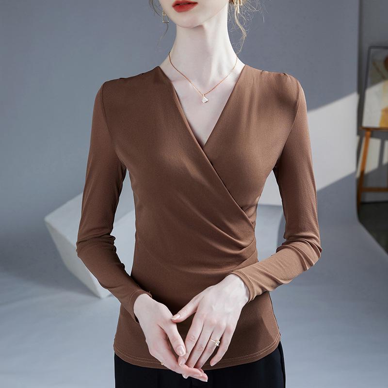 Wiosna i Jesień 2025 Damski Top z Plisowanej Siateczki z Dekoltem w Serek