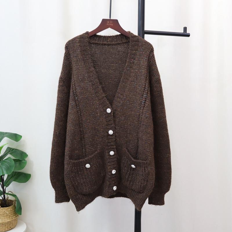 Medium and long V-neck knitted cardigan autumn and winter new loose lazy style temperament sweater jacket women