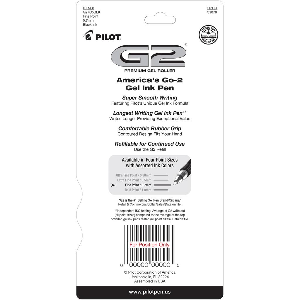 Pilot G2 Premium Gel Ink Rollerball Knock-Style Pen, 5-Pack