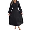 Women's Fashion Retro Color Elegant V-Neck Long Sleeve Waist Pleated Dress