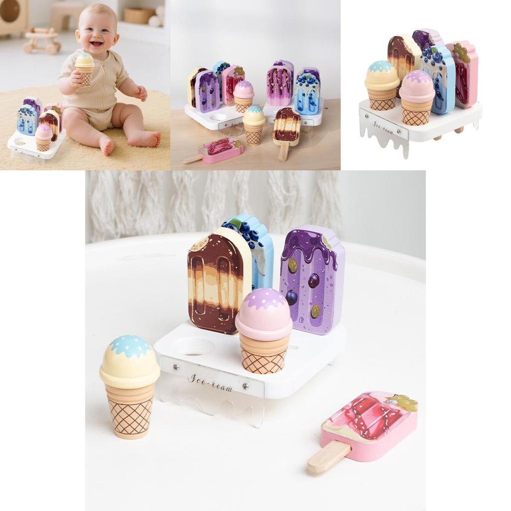 Wooden Pretend Kids Ice Cream Shop Play Set With Realistic Dessert Display For Childrens Role Play