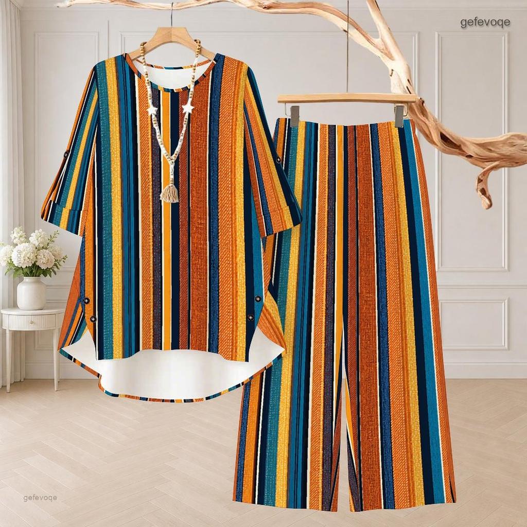 Women Plus Size Printed Round Neck Mid Sleeve High Low Top Wide Leg Pants Two Piece Set