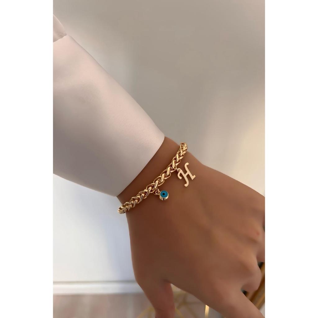 Personalizovaný náramek s tlustým řetízkem s písmenem H a zlým okem