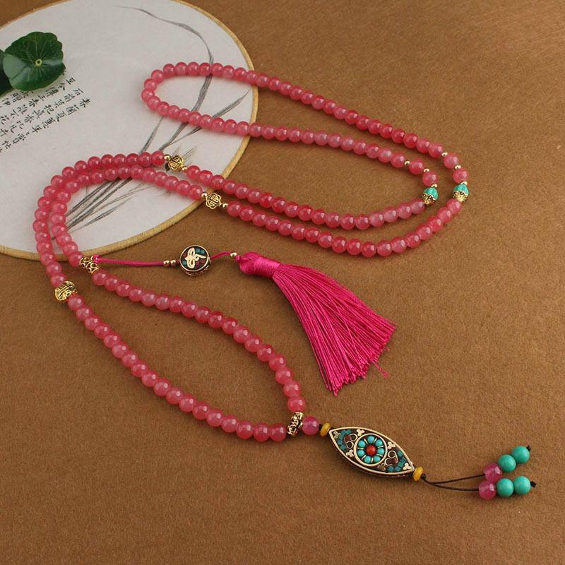 Chinese Long Beaded Crossbody Tassel Necklace for Hanfu & Qipao