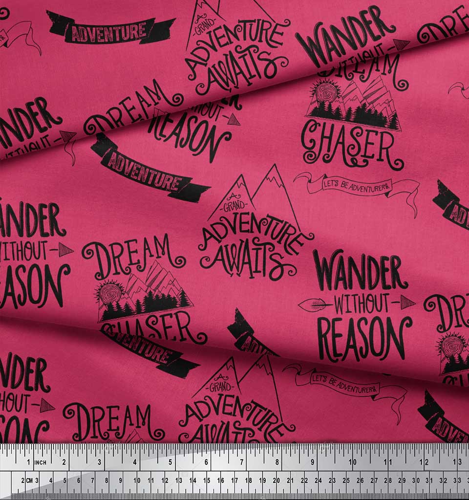 Soimoi Pink Japan Crepe Satin Fabric Dream Chaser Text Print Fabric by metre 42 Inch