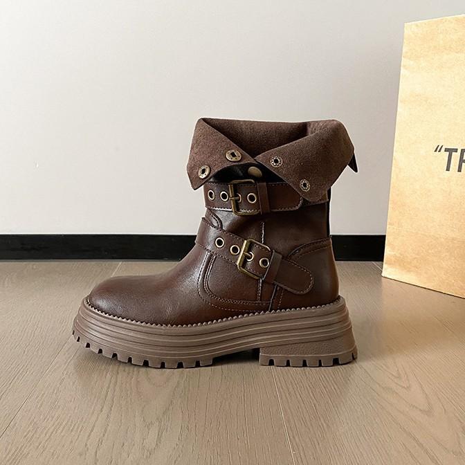 Retro round head versatile fold two wear thick-soled thick heeled Martin boots women's 2025 new belt buckle slim medium boots