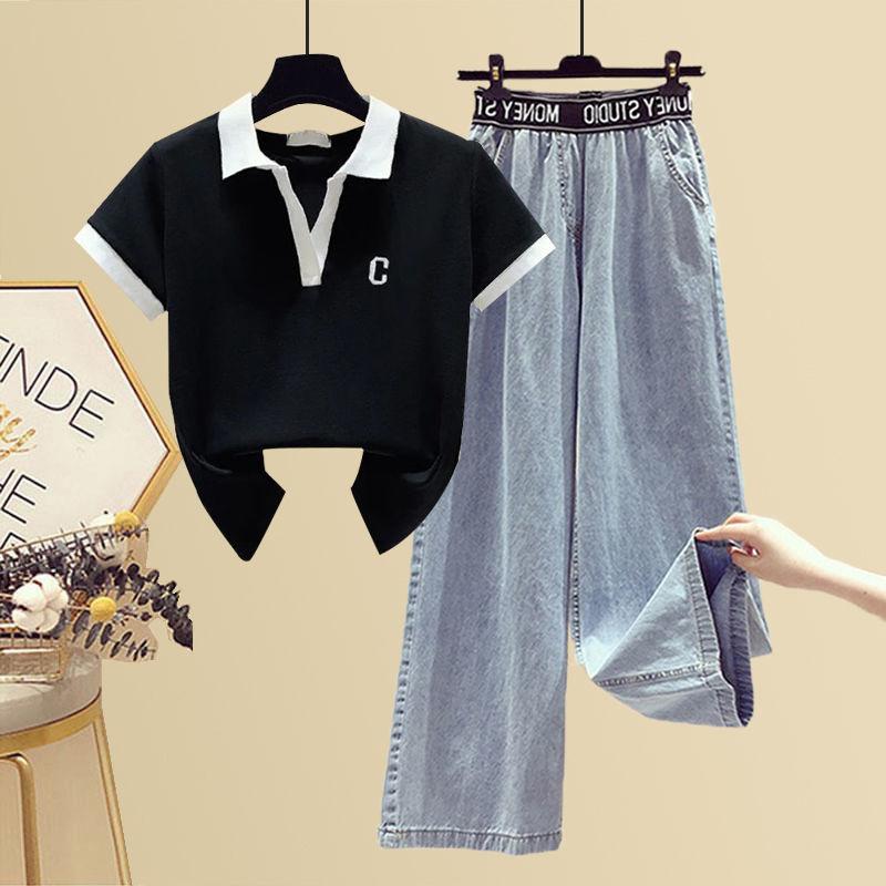 

Весенне-летний костюм, женская рубашка-поло, женская футболка + свободные узкие широкие брюки, комплект из двух предметов XXL чёрный