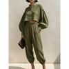 2026 Womens Relaxed Linen Cotton Short Top Elastic Waist Lantern Pants Set Casual Outfit