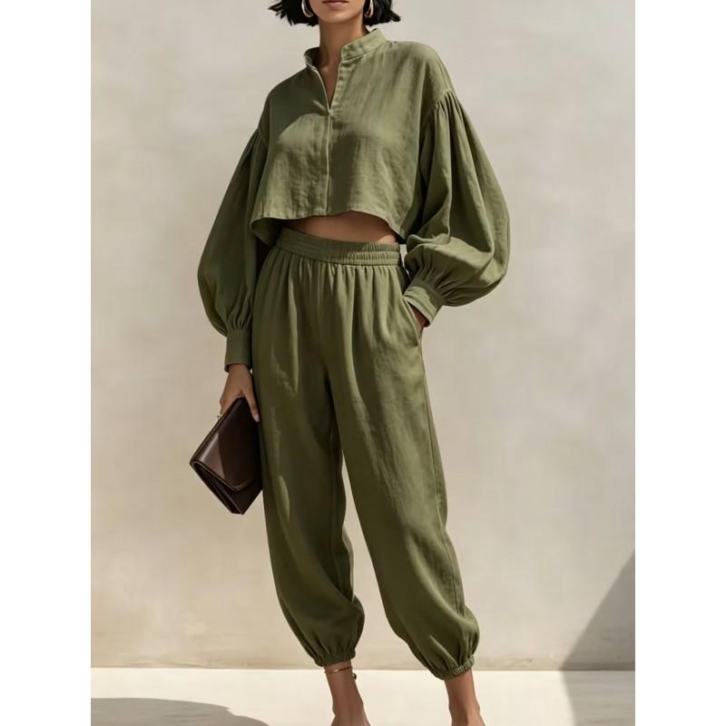 2026 Womens Relaxed Linen Cotton Short Top Elastic Waist Lantern Pants Set Casual Outfit