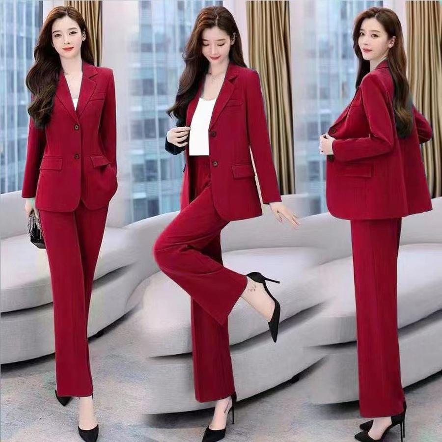 Frühling/Herbst Neuer Stil Set Business-Lady-Stil Schlank geschnitten Langarm-Blazer Weitbeinige Hose Damen Zweiteiliger Anzug