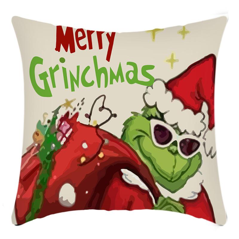 Grinch Linen Throw Pillowcase Holiday Sofa Office Cushion Pillowcase Green Furry Christmas Pillowcase