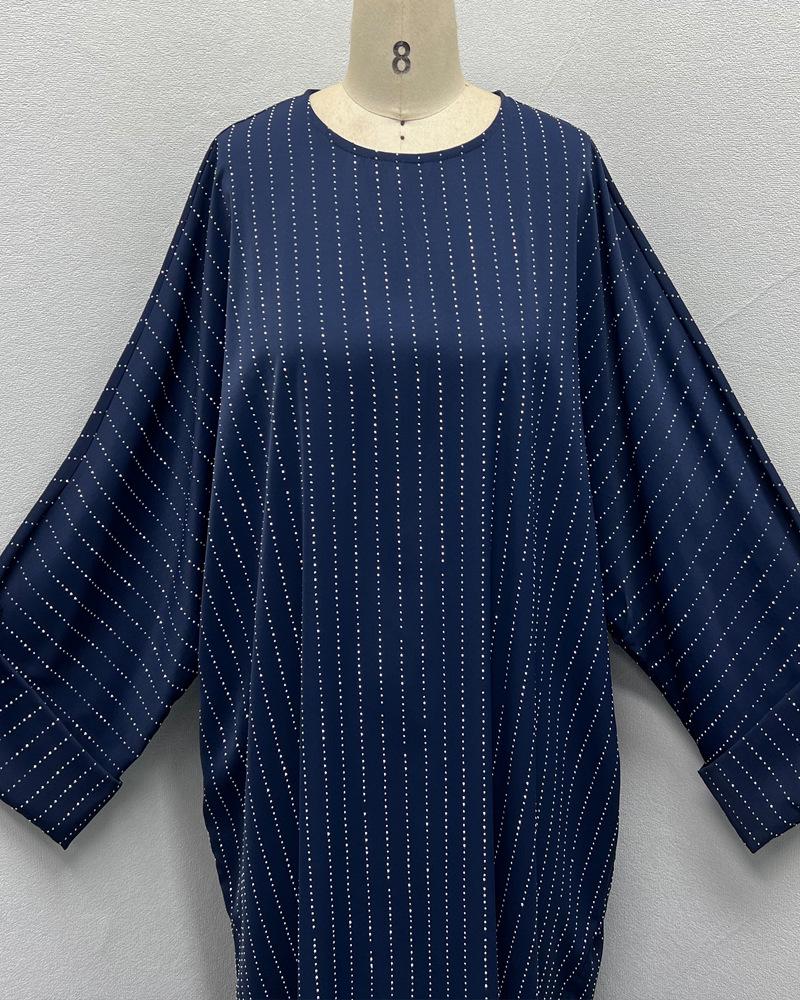 F479 Rhinestone Loose Long Dress with Striped Batwing Sleeves - Fashionable Women's Outerwear