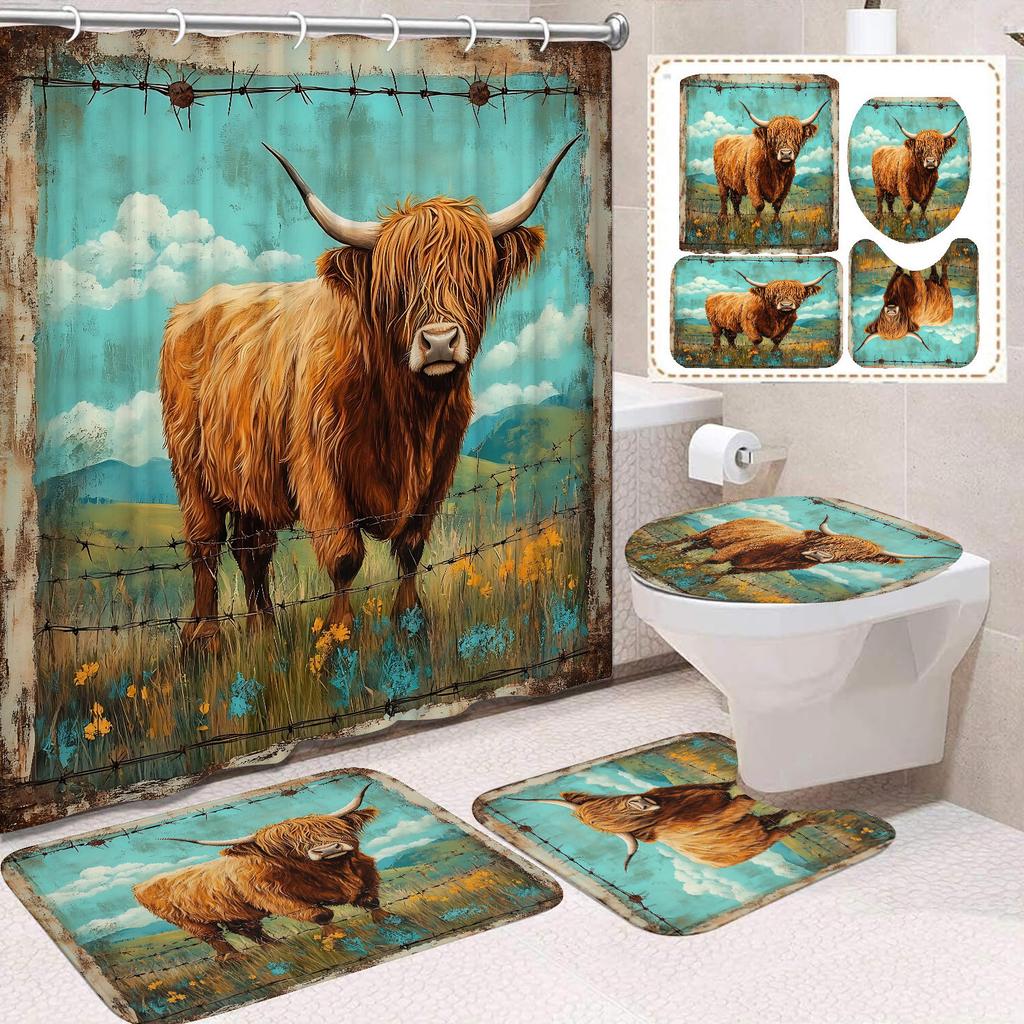 Cute Highland Cattle Printed Shower Curtain Waterproof Durable Polyester Bath Curtain For Home New Year Christmas Bathroom Decor