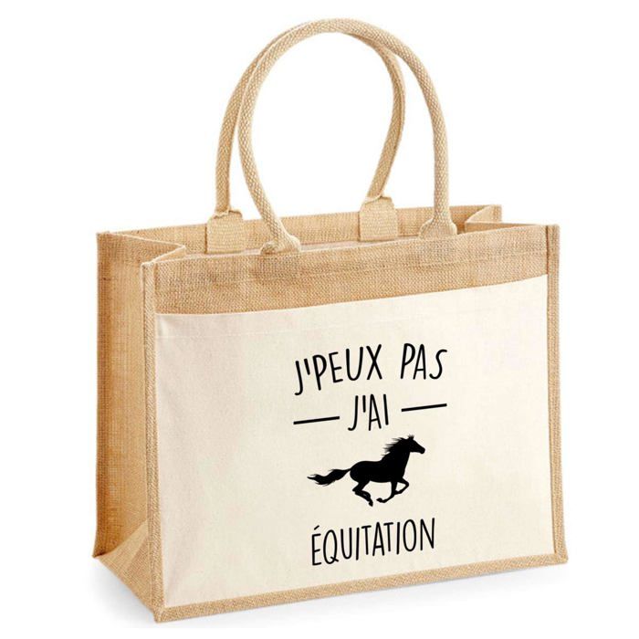 Sac de plage - PLANETEE - Jute avec poche Equitation J'peux pas - Coton - Multicolore - 43x33 cm