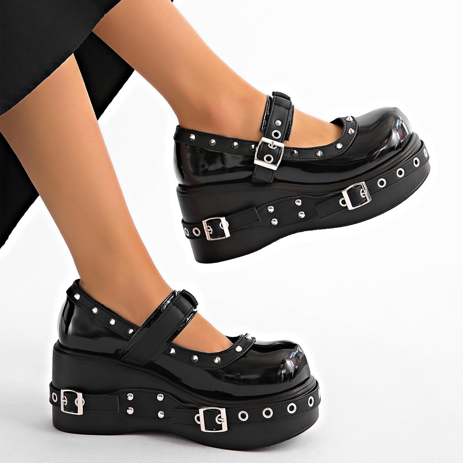 

Women s Leather Goth Mary Janes with Fashion Studded Strap Buckle Punk Heels Pumps Round Toe Cute Party Rave Shoes 38