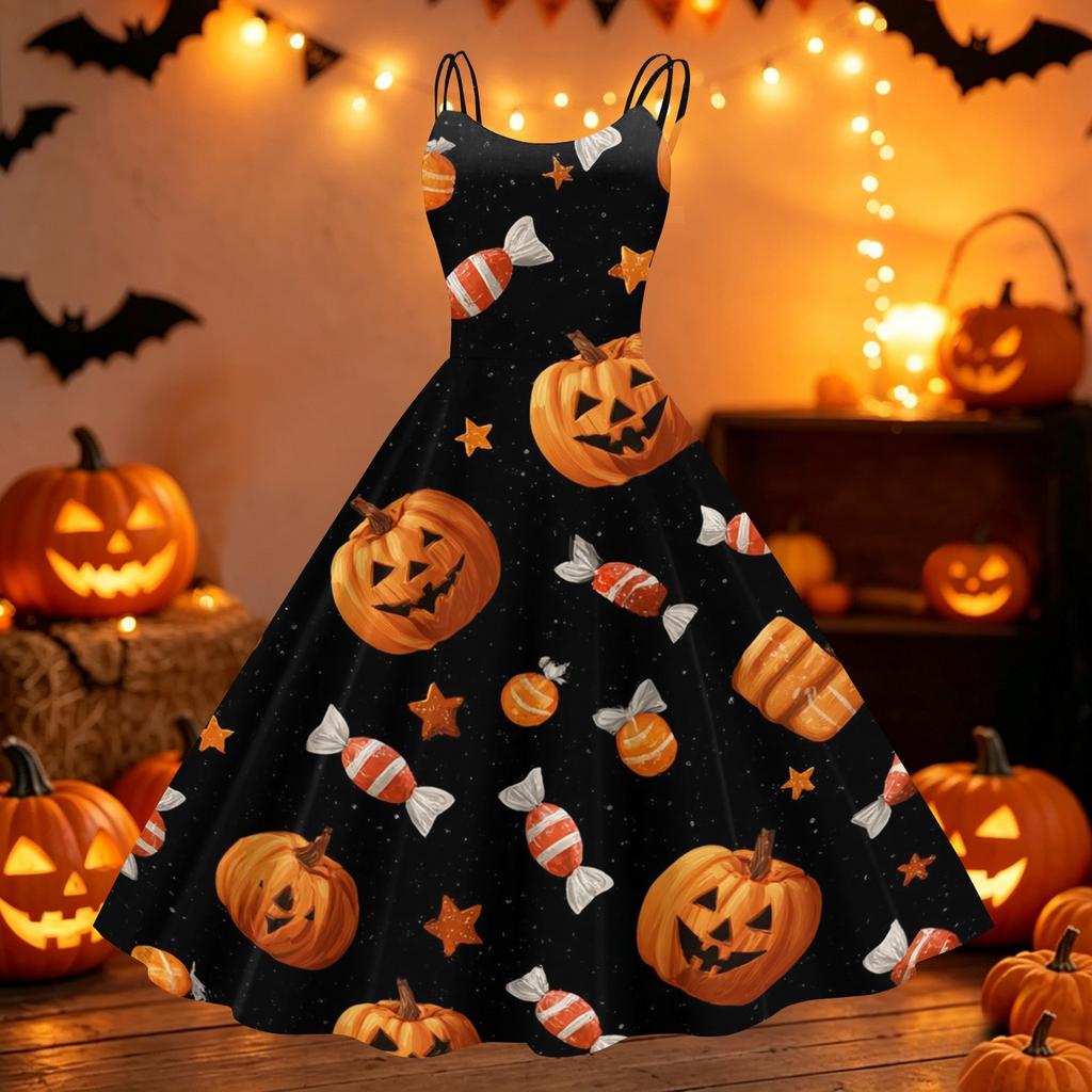 Women Halloween Printed Off Shoulder Vintage Punk Dress Sleeveless Swing Dress Party Dress with Adjustable Straps