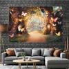 2D Glowing Forest Tapestry, Magical Tree Path with Butterflies & Lights Background Cloth